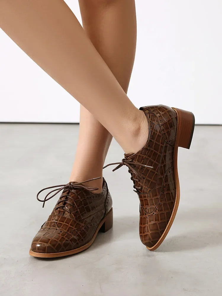 Women Shoes Spring New Fashion Round Toe Lace Up Retro Single Shoe for Office Party Walk Thick Low Heeled Big Size 48 775-1
