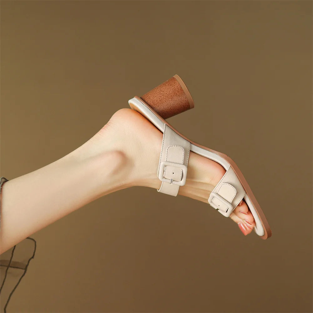 Women's sandals summer 2023 cow leather double metal belt 5.5cm thick med heel slip-on slippers elegant ladies slim daily pumps