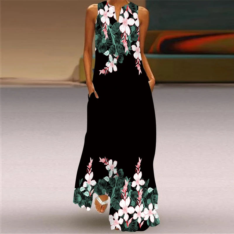 Elegant Dresses for Woman 3D Printed Dresses Summer Sleeveless V-Neck Long Dress Ladies Casual Elegant Beach Party Maxi Dresses