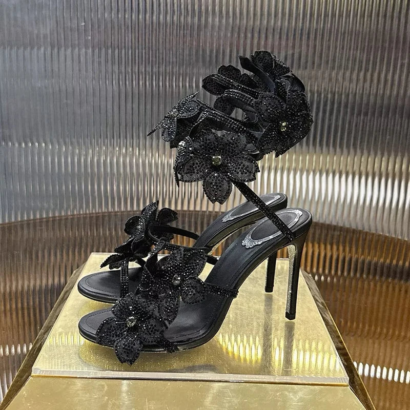 Sandalias Women Rhinestone Flower Decor Dress Shoes Snake Shaped Elastic Strap Thin High Heels Sandals Summer Bridesmaid Shoes