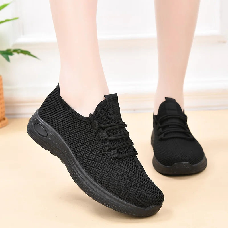 Middle-Aged and Elderly Women's Work Shoes Black Spring and Autumn Flat Shoes Non-Slip Soft Sole Mom Shoes Comfortable Casual Shoes