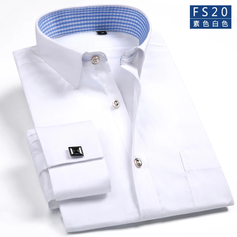 Men's Classic French Cuffs Solid Dress Shirt Formal Business Standard-fit Long Sleeve Office Work White Black Yellow Social Shir