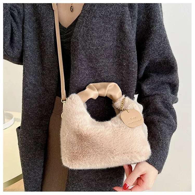 Women Faux Fur Plush Handbags Ruched Handle Small Lady Shoulder Crossbody Bag Casual Tote Half-Moon Hobos Winter Bags for Women
