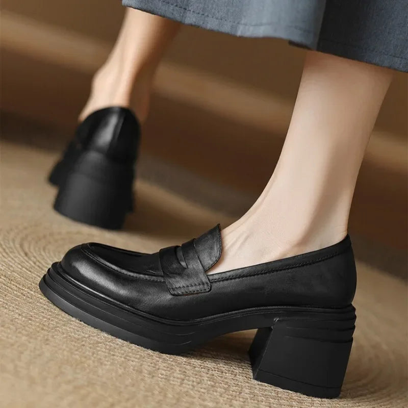 Women Chunky Heel Genuine Leather Wedge Shoes Woman Platform Pumps Female High Heel Zapatos Mujer Handmade thick sole Loafers