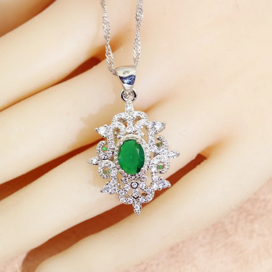 Bridal Jewelry Sets for Women Green Crystal Silver 925  Earrings Necklace Pendant Ring Wedding Gift