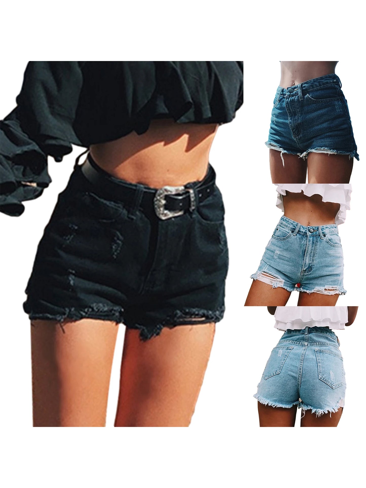 Women's Short Jeans, High Waist Classic Holes Shorts for Female