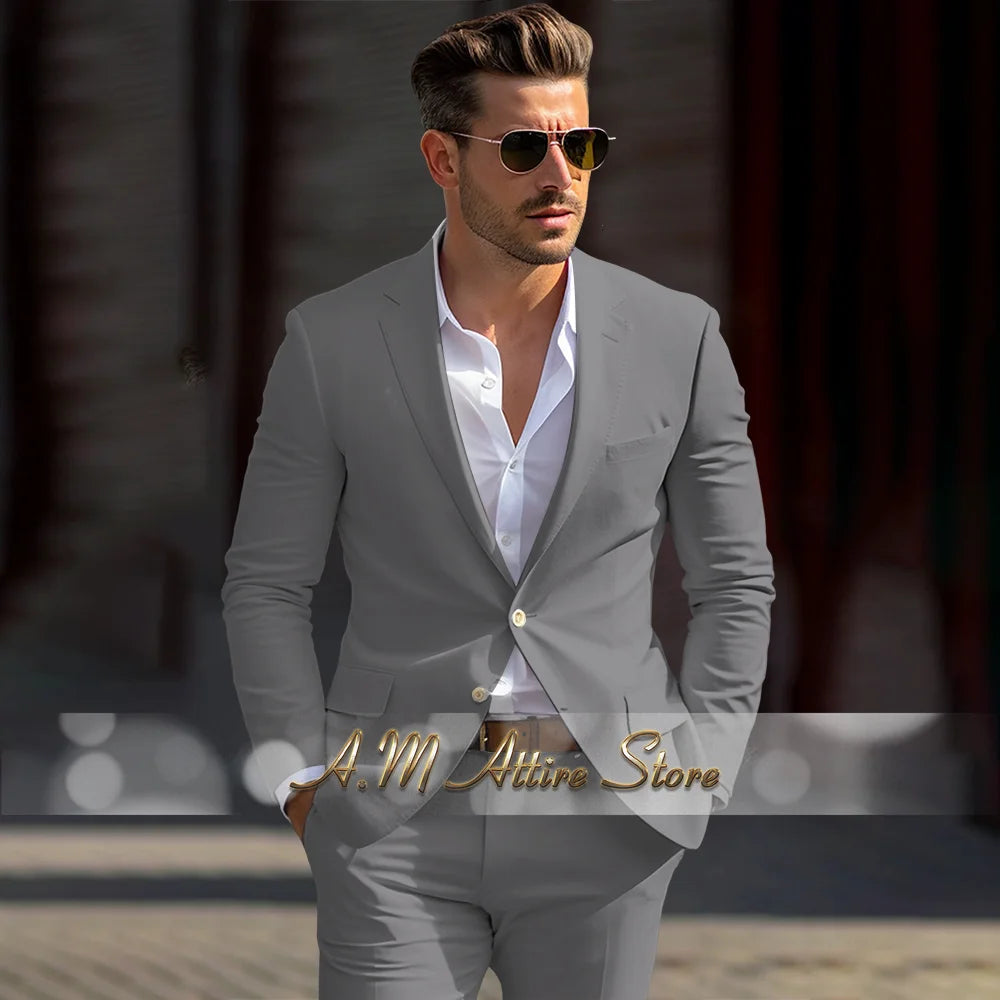 Men's linen suit 2-piece peak lapel jacket pants for summer beach wedding groom prom party tailor-made casual formal outfit