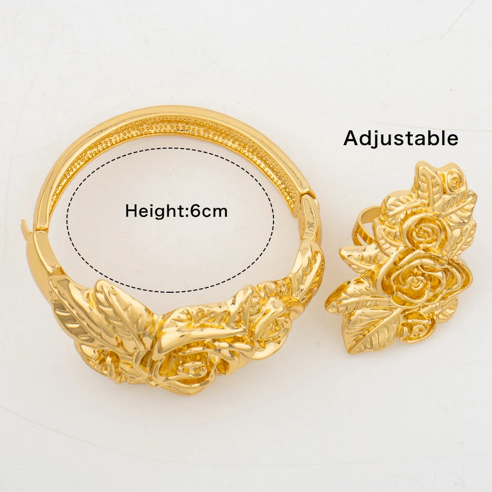 4Set Luxury Bangle Ring For Women Dubai Gold Color Bracelet France Jewelry Set Arabic African Adjustable Ring Party Wedding Gift