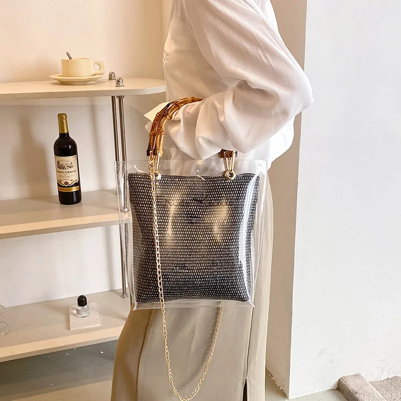 Large Capacity Women PVC Handbags High Quality Ladies Transparent Beach Tote Shoulder Messenger Bags Casual Chain Crossbody Bag