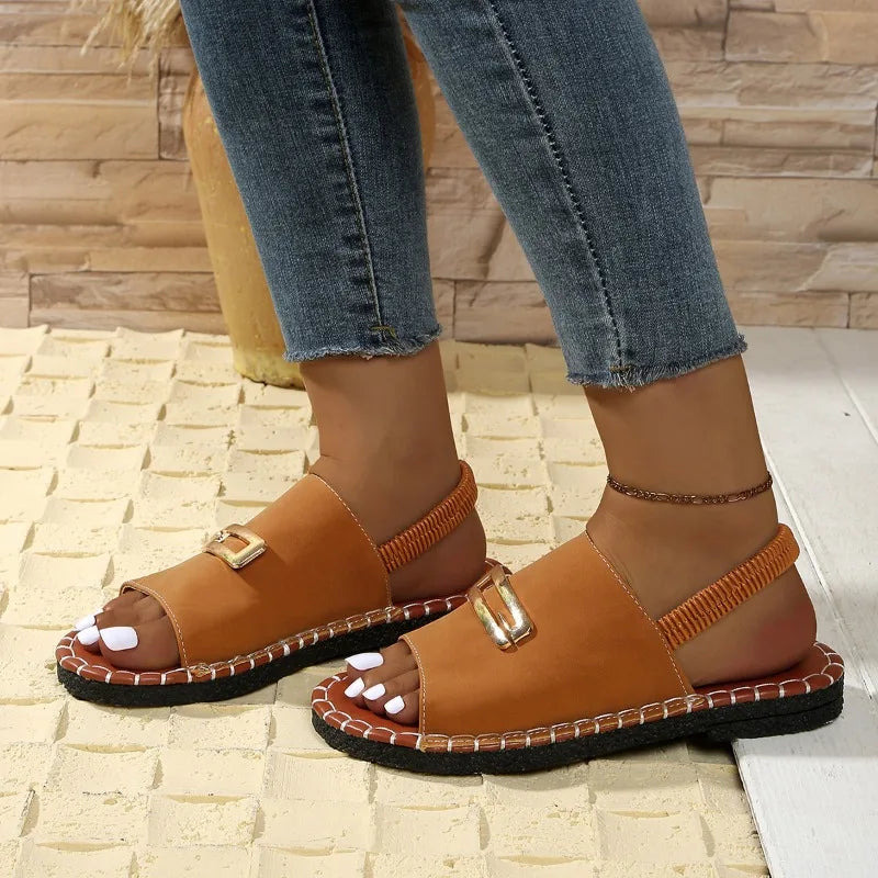 Women's Beach Sandals Summer New Fashion Metal Decorative Open-toed Sandals Leisure Luxury Light Outdoor Non-slip Sandals.