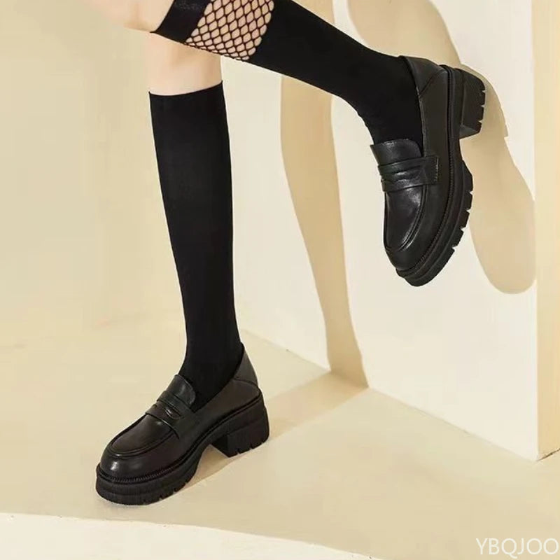 Women's Casual leather Shoes Fashion Thick soled Pumps Solid Color Breathable Loafers Fashion comfort ladies high heels Zapatos