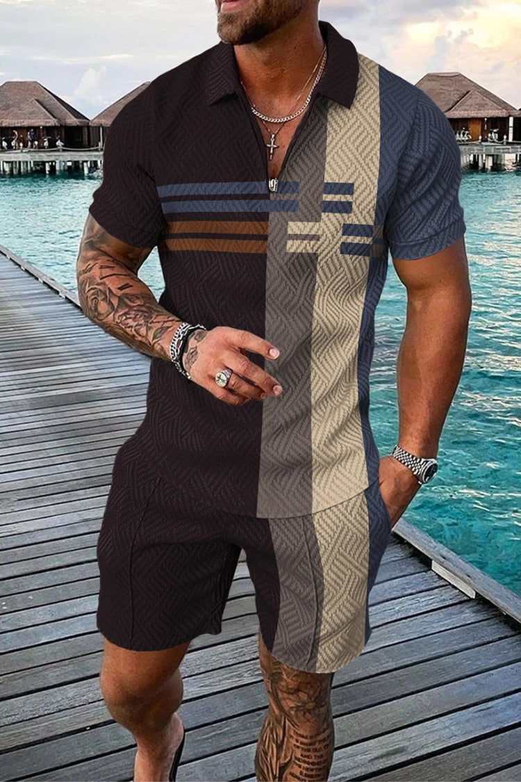 Men's Polo Tracksuit Set Summer Fashion Men Short Sleeve Zipper Polo Shirt&Shorts Set for Men Casual Streetwear 2 Piece Suit