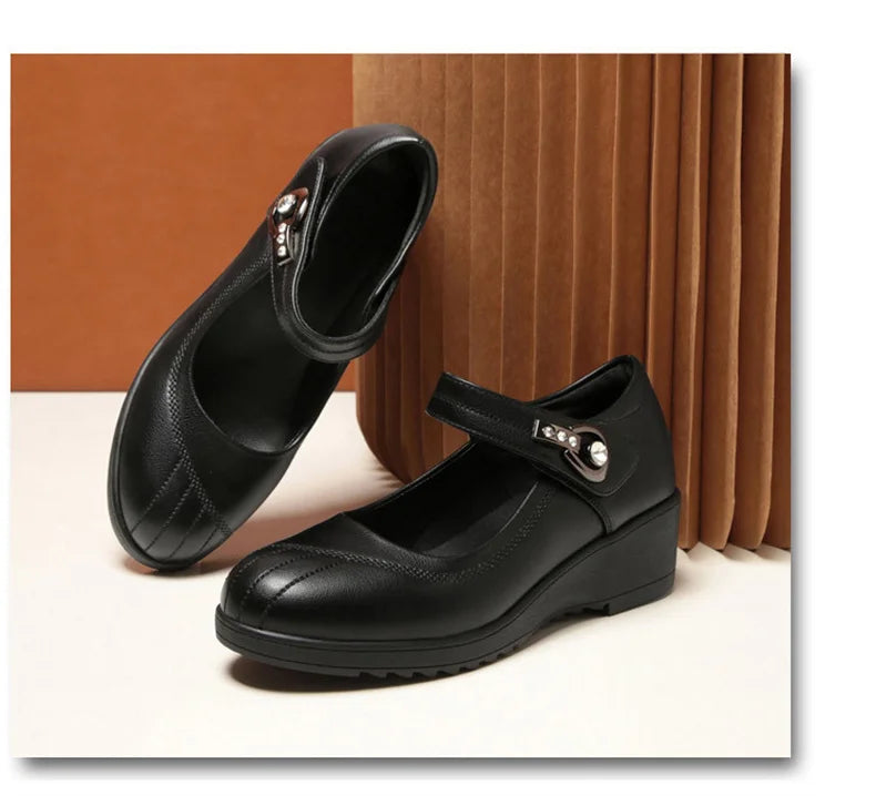 Women's Wedge Anti-slip  Ankle Strap Casual Office Comfortable Soft Leather Shallow Mouth Mom Shoes  Middle-aged Elderly