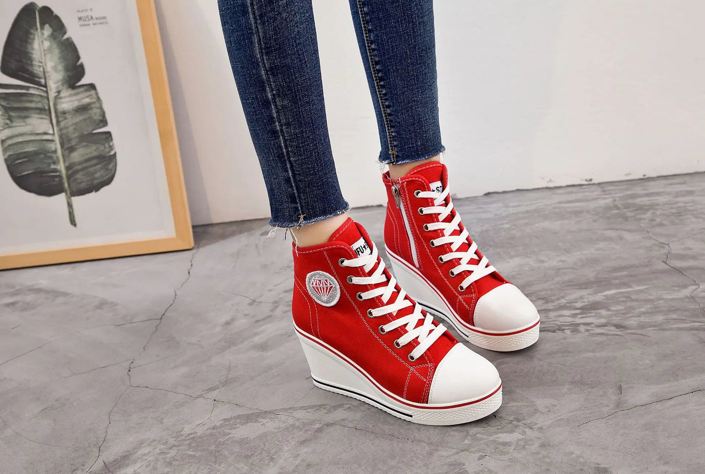Wedge Heel Casual Shoes for Women New Canvas Shoes Side Zipper High Heel Lace Up Shoes Woman's Heightening Platform Sneakers