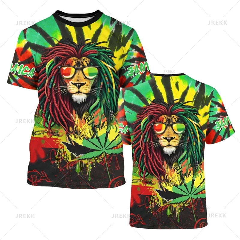 Jamaica Flag Graphic T-Shirt Men's Lion 3d Printed Crewneck Short Sleeve Casual Sports Tops Tees Summer Oversized T Shirts