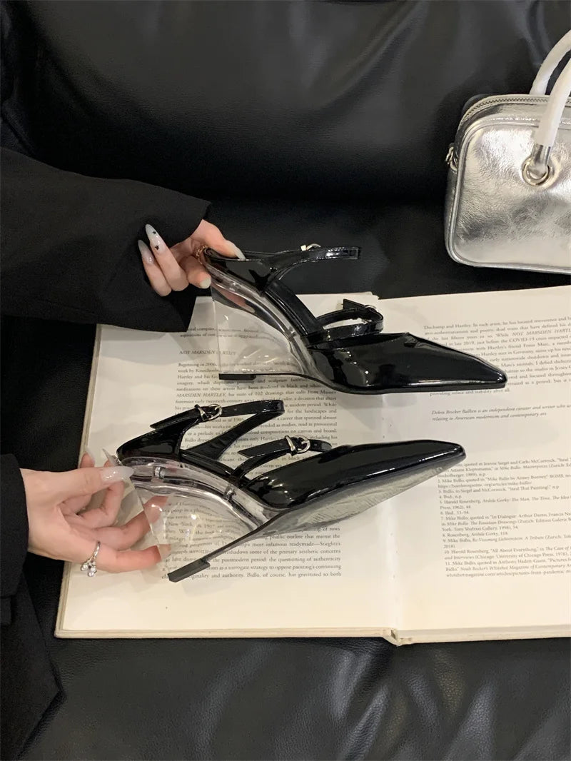 Liyke New Fashion Transparent Wedge Slippers Women Pumps Patent Leather Pointed Toe Buckle Strap Designer High Heels Mules Shoes