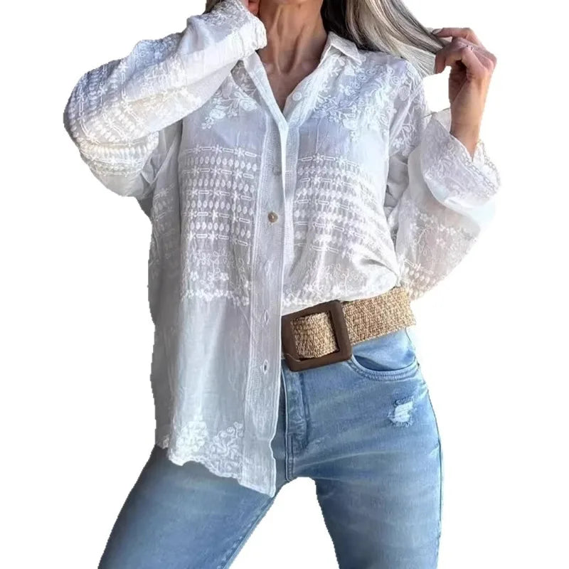 Women's Boho Embroidered Blouse Long Sleeve Button Down Shirt Casual Loose Fit Lace Trim White Cotton Top for Summer Vacation
