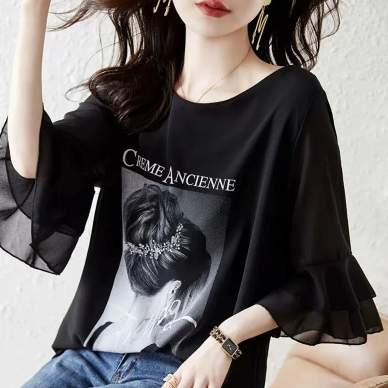 Elegant Women Blouse With Vintage Print And Ruffled Sleeves Loose Fit O Neck Top For Summer Casual Wear