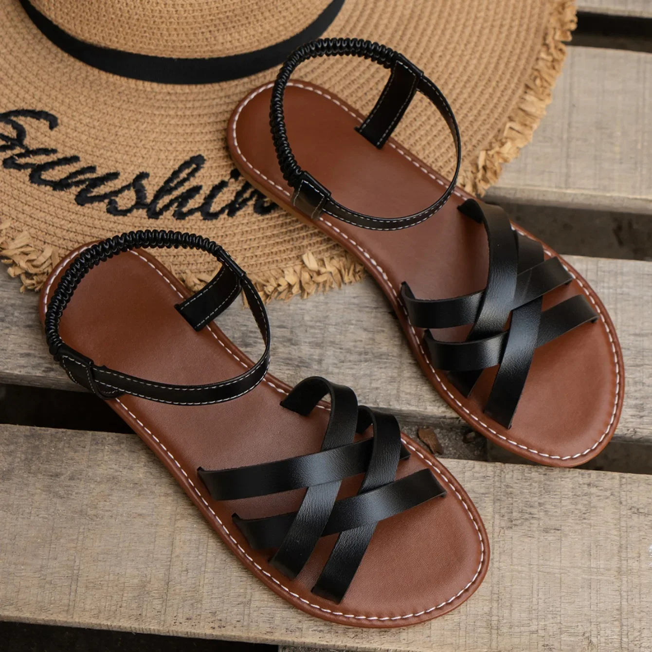Women Sandals 2024 New Summer New Women Flat Sandals Bottom Roman Strap Sandals with Non Slip Rubber Soles Ladies Daily Sandalia