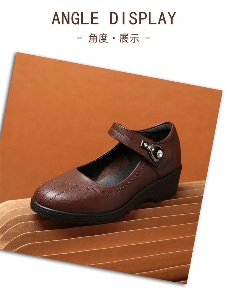 Women's Wedge Anti-slip  Ankle Strap Casual Office Comfortable Soft Leather Shallow Mouth Mom Shoes  Middle-aged Elderly