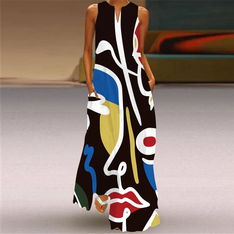 Elegant Dresses for Woman 3D Printed Dresses Summer Sleeveless V-Neck Long Dress Ladies Casual Elegant Beach Party Maxi Dresses