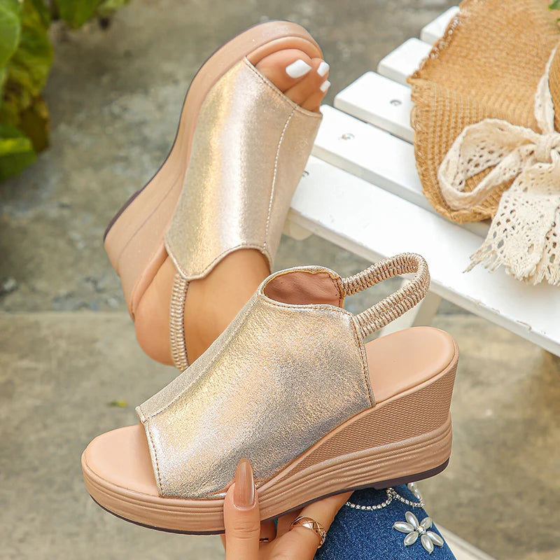 Sexy Ladies Peep Toe Gladiator Sandals Summer 2026 Gold Silver Wedge Heels Shoes Woman Plus Size 42 Thick Sole Platform Sandals