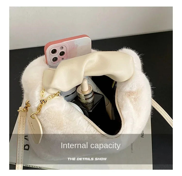 Women Faux Fur Plush Handbags Ruched Handle Small Lady Shoulder Crossbody Bag Casual Tote Half-Moon Hobos Winter Bags for Women