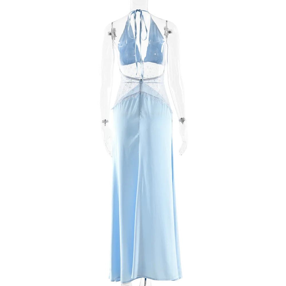 Sexy Deep V-neck Backless Lace Patchwork Satin Dresses for Women 2026 Summer Halter Sleeveless Long Maxi Party Evening Dress