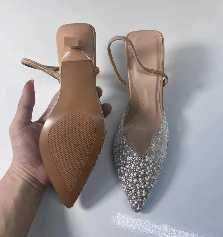 2025 Women's High Heeled Sandals Transparent Pointed Toe Elegant Ladies Fashion Shoes Pearl Decoration Slingback Sandal Size 42