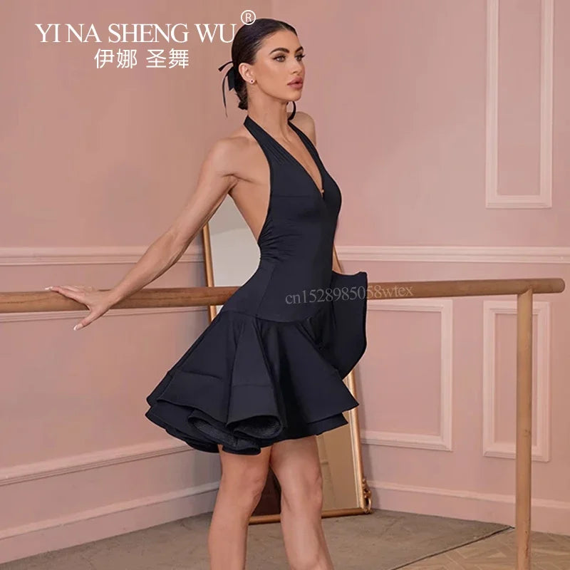 Black Latin Dance Dress Women's Sexy Sleeveless Hanging Neck Dress Professional Latin Dance Match Burgundy Dress