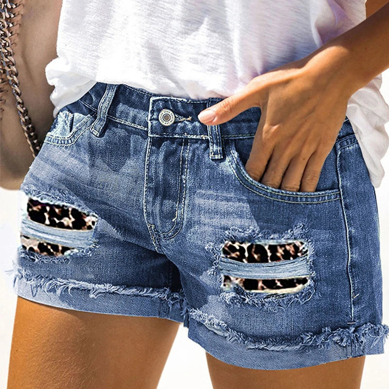 Fashion Leopard Ripped Women Jean Shorts Summer Stylish Roll Up Hem Denim Hot Pants Streetwear Raw Edge Female Super Short Pants