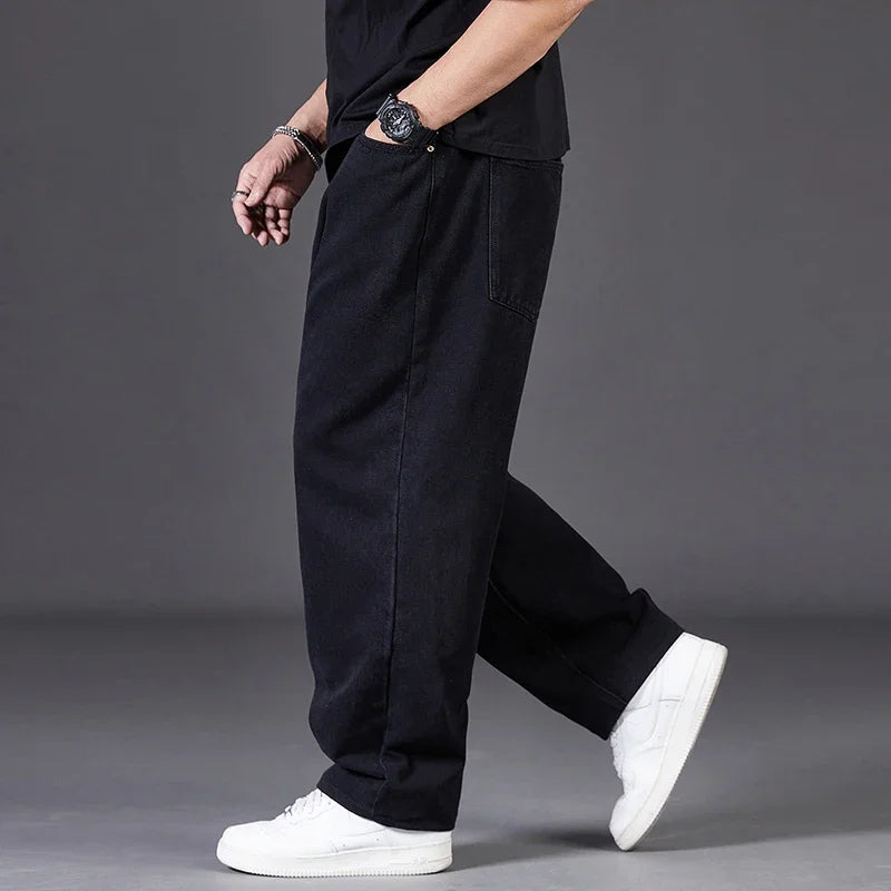 Autumn Thin Denim Jeans Men Plus Size Loose Straight Leg Sport Pants Fat Guy Elastic Long Trendy Trousers Black Grey Blue Jeans