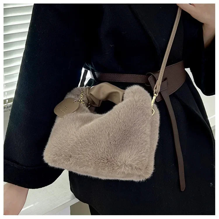 Women Faux Fur Plush Handbags Ruched Handle Small Lady Shoulder Crossbody Bag Casual Tote Half-Moon Hobos Winter Bags for Women