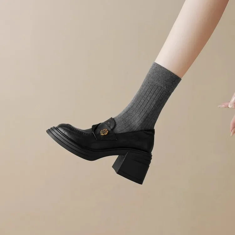 Women High Heel Shoes 2025 Retro Spring Autumn Performance Causal Women's Loafers Fashion Versatile Pumps Ladies Leather Shoes