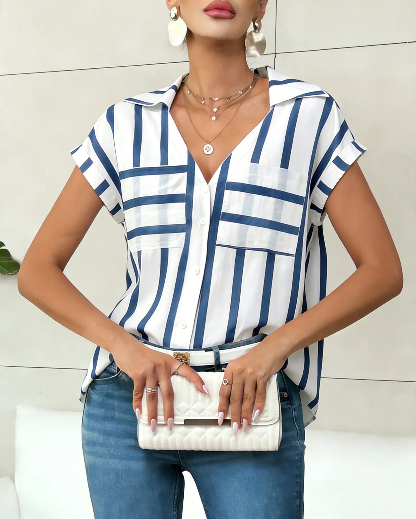 Women's Blouse Shirt Summer Top Navy White Top Vertical Stripe V Neck Short Sleeve Sleek Stylish Daily Shirt Casual Tops