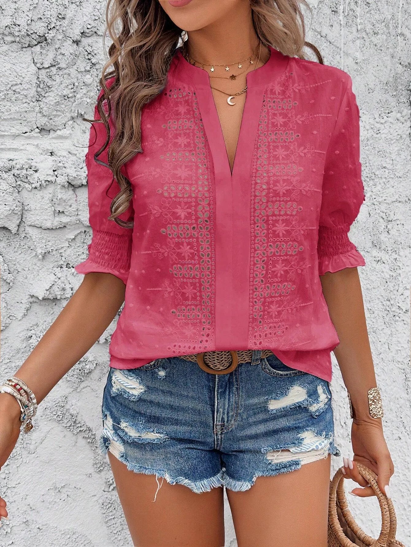 Women's Blouse Floral Embroidery Lace Summer Casual Solid Color Swiss Dot Eyelets V-neck Puff Shirred Half Sleeve T-shirt Tops