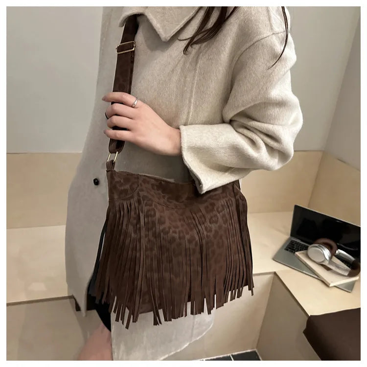 Women's Fashion Handbags Retro Leopard Print Tassel Shoulder Bag Casual Tote Bag Purses and Handbag Ladies Hand Bags