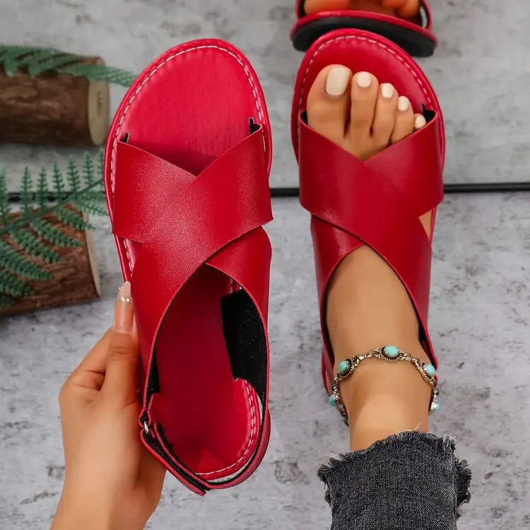 Women's Flat Sandals Lightweight Pu Leather Casual Sandals Summer Peep Toe Beach Sandals for Women Roman Sandal Sandalias Mujer