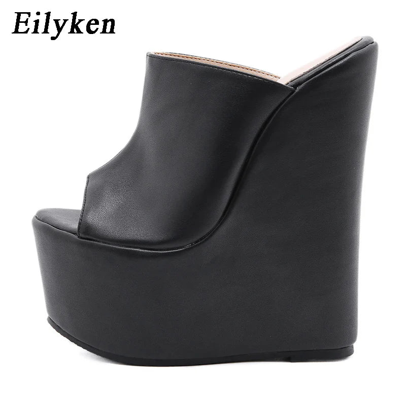 Eilyken Peep Toe Platform Wedge Mules Slippers Women Summer Sexy Super High Pumps Sandal Shoes Black 35-42