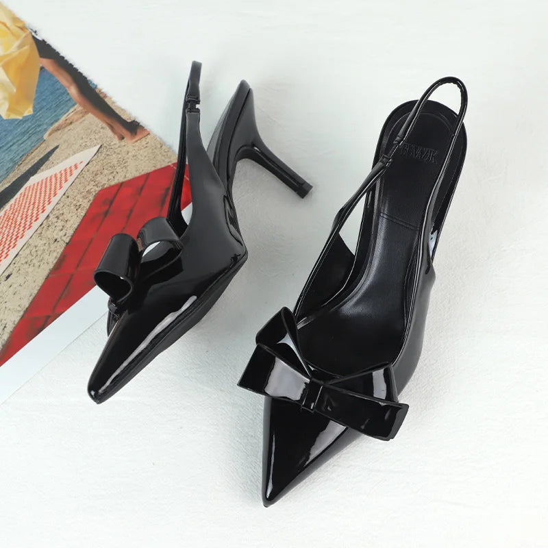 2025 Summer High Heel Sandals for Lady Pointed Toe Sexy Fashion Black Stilettos Bow Decoration Brand Designer Women Dress Shoes