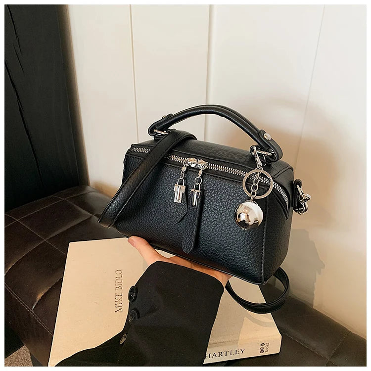 Classic Black Square Handbags for Women Autumn New Versatile Small Single Shoulder Crossbody Bags with Elegant Ball Pendant
