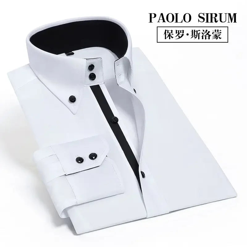Men's Dress Shirts Non-ironing Formal Collar Shirt Fashion Korean Slim Solid Color Business Casual Shirt White Spring Autumn