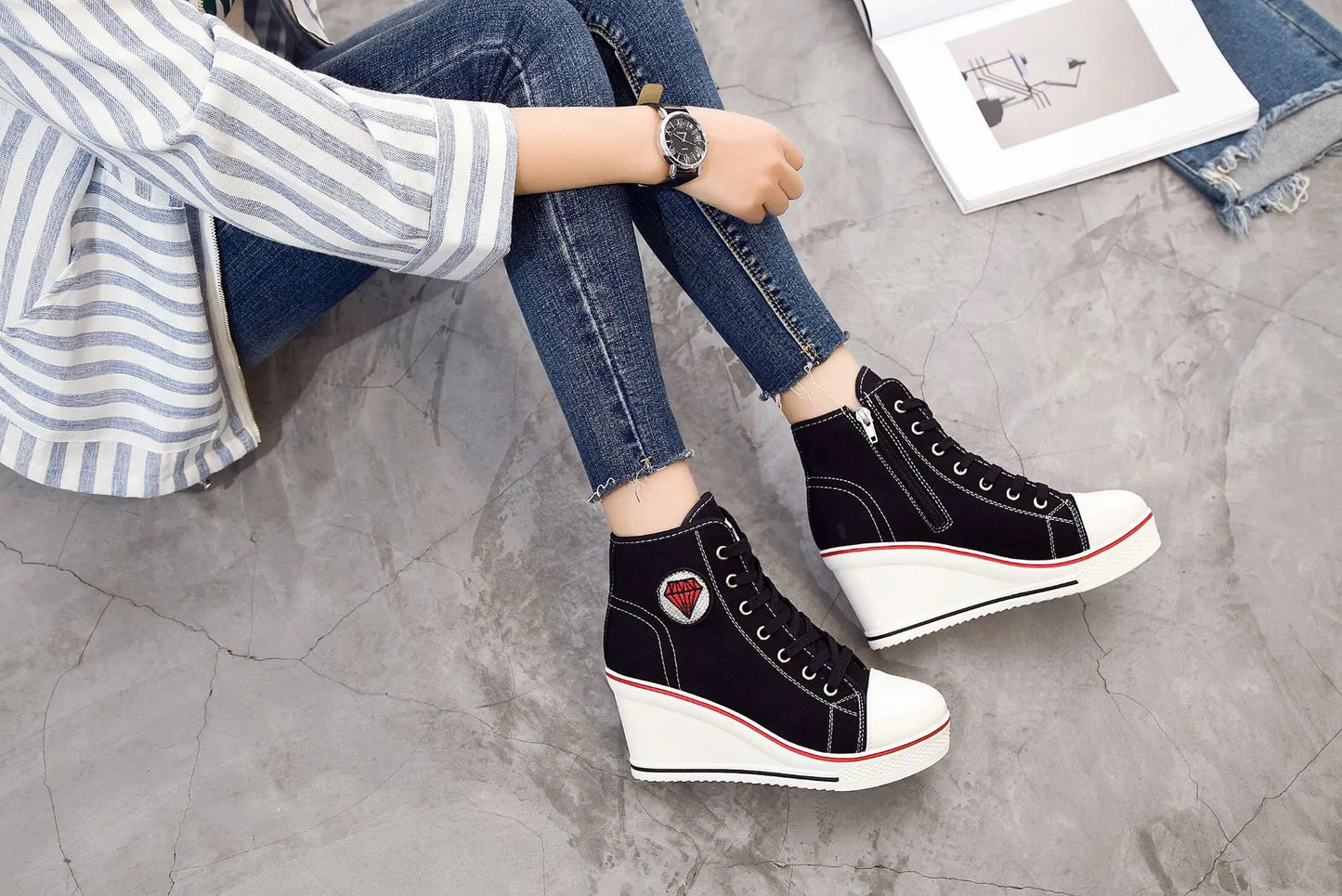 Wedge Heel Casual Shoes for Women New Canvas Shoes Side Zipper High Heel Lace Up Shoes Woman's Heightening Platform Sneakers