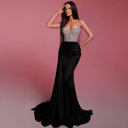 Sexy Evening Dresses Satin Mermaid/Trumpet Celebrity Dress Black Sweetheart Rhinestones/Crystals Birthday Dress Long 2025
