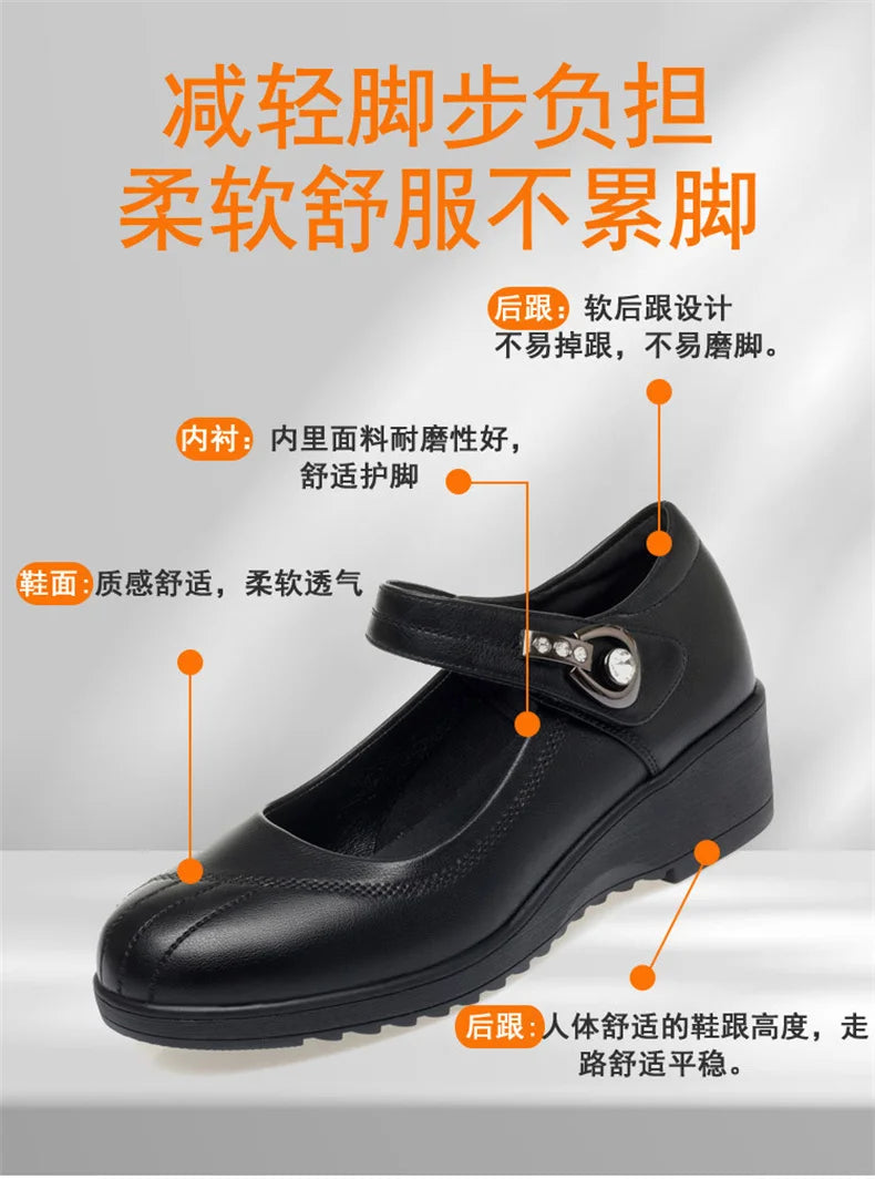 Women's Wedge Anti-slip  Ankle Strap Casual Office Comfortable Soft Leather Shallow Mouth Mom Shoes  Middle-aged Elderly