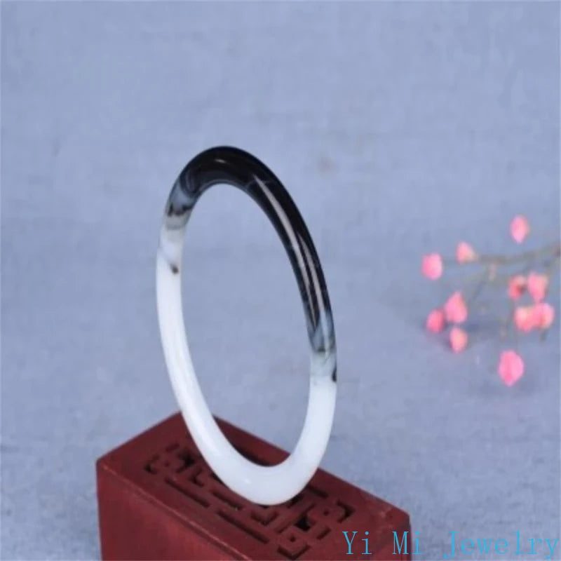 Natural Hetian Jade Bracelet Black White Flowers Charm Fashion Retro Fine Jewelry Elegant Girl Couple Luxury Bangle Holiday Gift