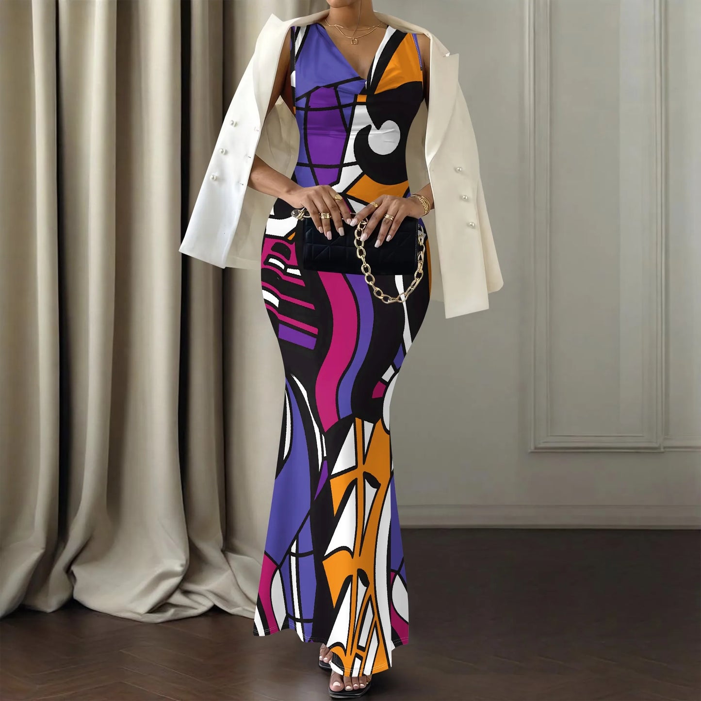Womens Sexy Casual Dresses Colorful Geometric Off-Shoulder Maxi Dress  Artistic Party Evening Resortwear Swing Neck Dress