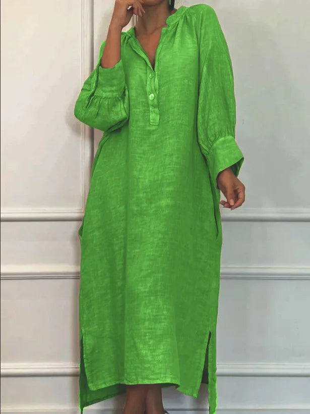 Fashion Cotton Linen Long-sleeved Loose Women's Dresses New Autumn Collection Casual Simple Pocket Elegant Female Slit Dress2025