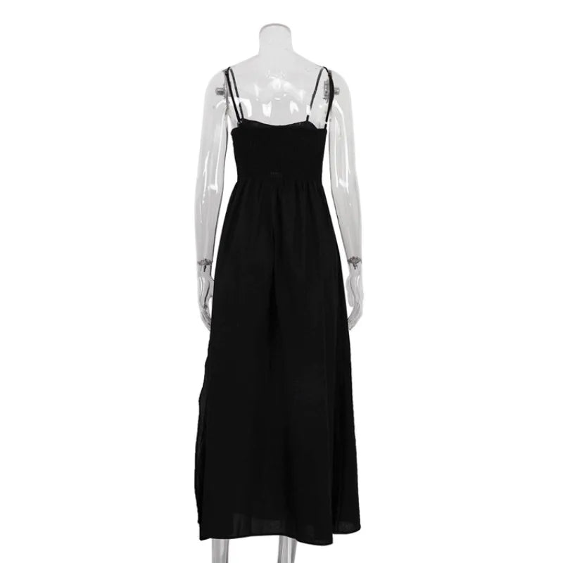 Sexy Black Corset Vacation Party Dress for Women Autumn Elegant Strap Backless Hollow Out Slit Cotton Holiday Long Dress