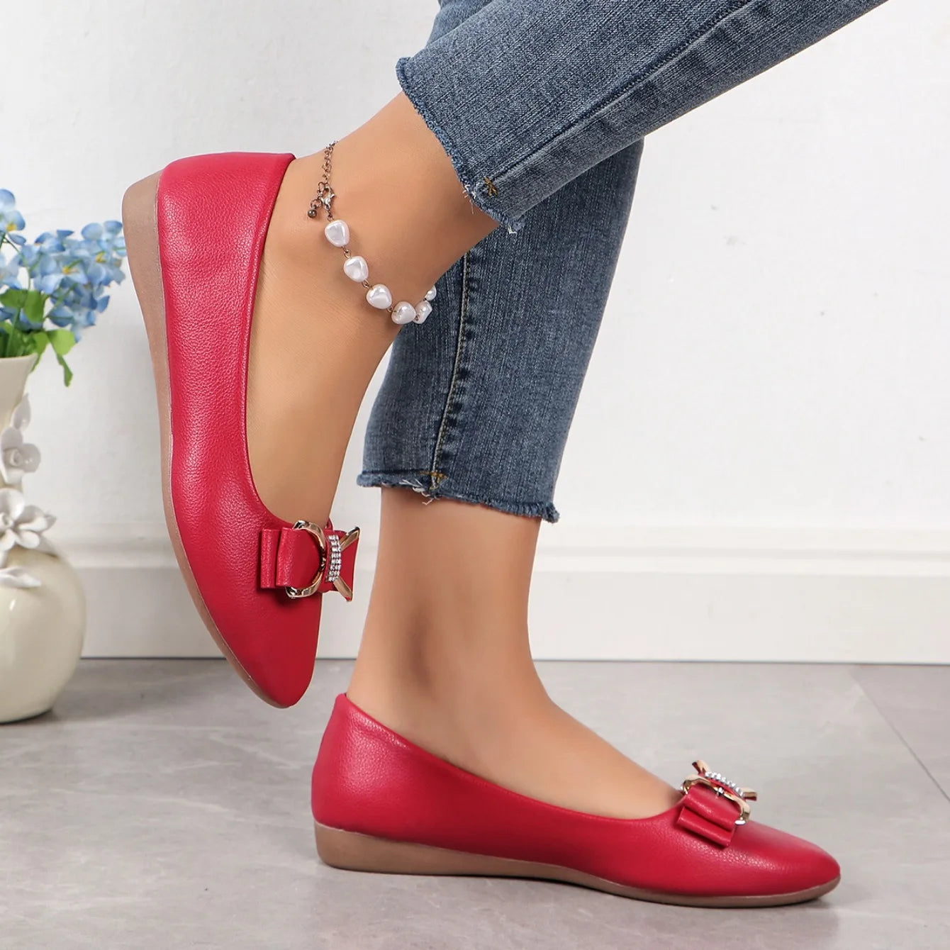 New Women Flats Shoes Ballets Metal Buckle Bow Flat Loafers Women Big Yards Fashion Mary Jane Shoes for Women Zapatos De Mujer